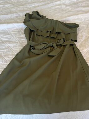 One-Shoulder Olive Green Ruffle Dress